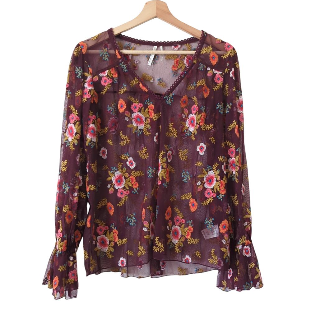 Anthropologie by Feather Bone Floral Embroidered Mesh Blouse Maroon Multi Small
